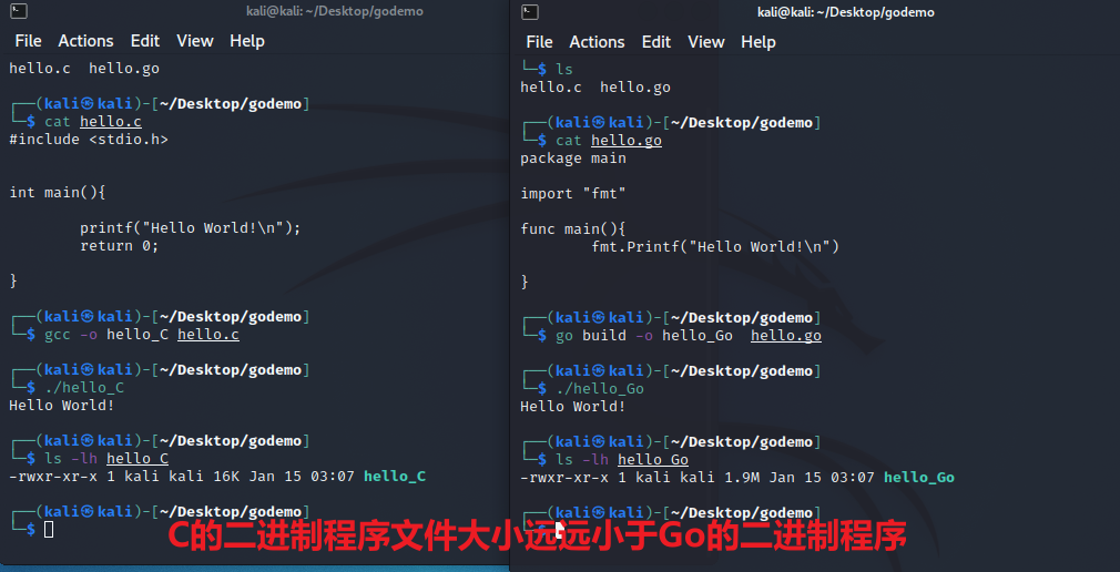 C和Go二进制文件大小比对